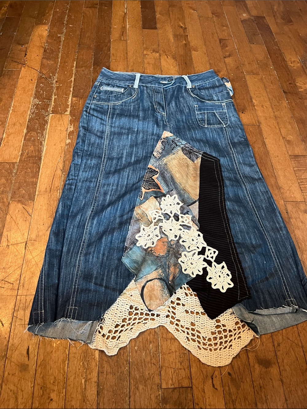 Denim Maxi Skirt with Crochet & Patch Detail - Blue